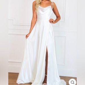 White Satin Cowl Neck Bridal Gown with Thigh Slit